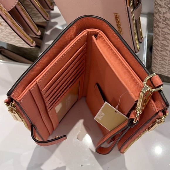 Michael Kors Jet Set Travel Leather Large Double Zip Wallet Wristlet Sherbert - Picture 6 of 16